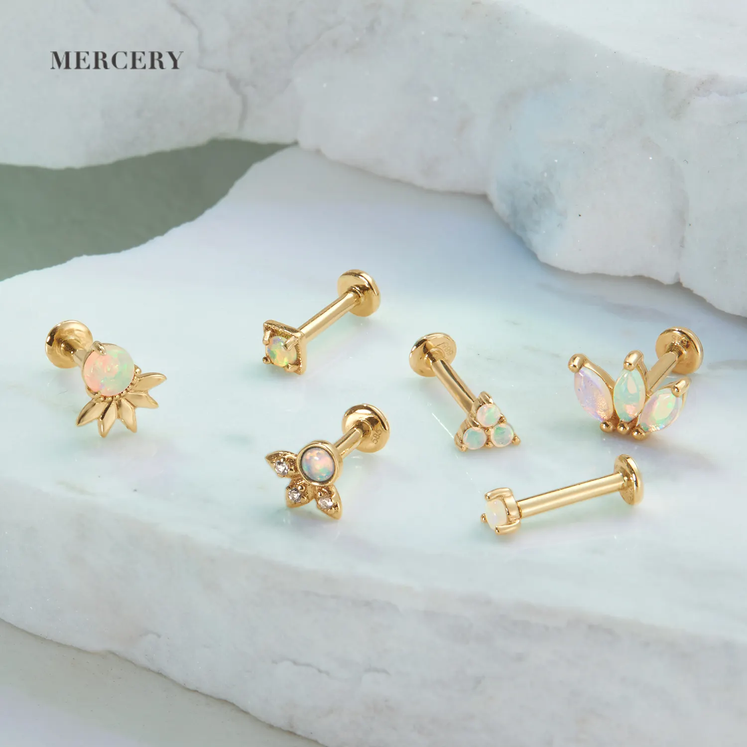 Mercery Piercing göbek takısı taş markiz Tragus Daith kulak damızlık Opal sarmal 14K katı altın Flatback Piercing küpe