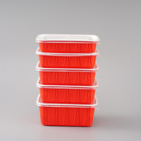 Boîte à emporter carrée jetable en plastique PP ondulé rouge et blanc, anti-brûlure, pour nouilles, gelées, snacks et plats préparés