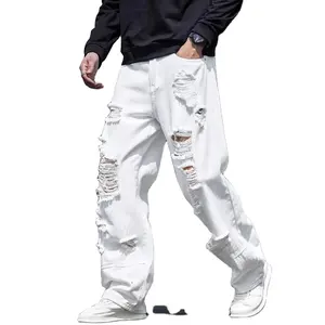 OEM customized high quality low volume men's solid color ripped baggy jeans