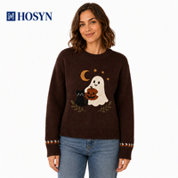 Pull court en maille à col rond pour femme, thème Halloween, avec appliques fantôme, chat noir, citrouille et lune, personnalisation du logo OEM disponible