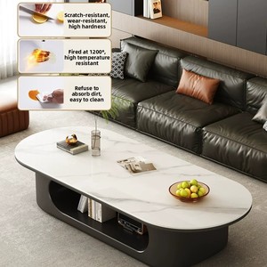 Tavolino <span class=keywords><strong>da</strong></span> Caffè Ovale in Pietra Sinterizzata Bianca, Base Aperta con Vano Portaoggetti, <span class=keywords><strong>Tavolo</strong></span> Moderno per Salotto - Product Image 2