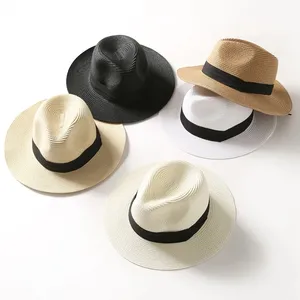 Wholesale Collapsible Panama Cowboy Summer Sun Wide Brim Woven Solid Color Ribbon Floppy Fedora Straw Top Hat Beach Cap Women