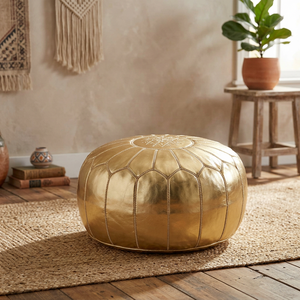 Housse de pouf dorée brodée style bohème faite à la main en daim à motif géométrique avec cordon de serrage personnalisable pour la maison - Product Image 1