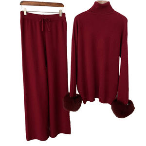 Completo <span class=keywords><strong>Invernale</strong></span> da <span class=keywords><strong>Donna</strong></span> Lavorato a Maglia in Lana Due Pezzi con Maglione a Collo Alto e Polsini in Pelliccia di Volpe e Pantaloni a Vestibilità Morbida Tuta alla Moda - Product Image 4