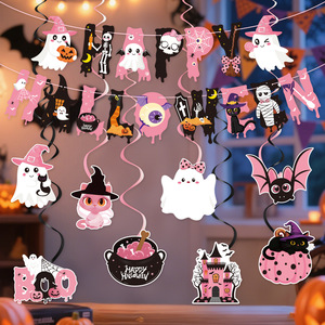 Set di Decorazioni per Festa di Halloween Rosa con Ghirlande di Carta a Spirale e Decorazioni Appese a Forma di Fantasma e Strega - Product Image 1