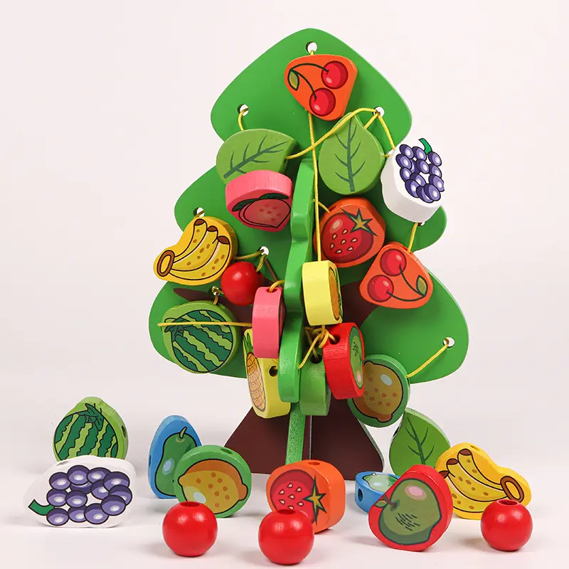 Bloques de enhebrado de dibujos animados de madera creativos para niños y niñas, juego de cuentas con cordones de números de frutas