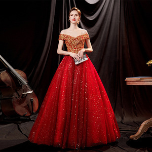 Red Off Shoulder Ball Gown Empire Waist Sequins Floral Print Wedding Dress 2026 New Style Dazzling Gold Spring - Product Image 3