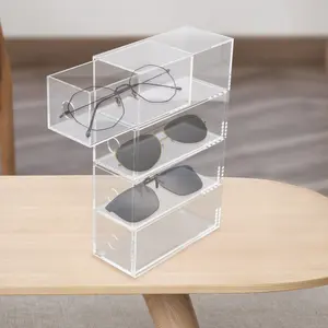 Kotak penyimpanan kacamata akrilik, tahan debu tepi halus kacamata menunjukkan Organizer transparan Lucite 4-Tier Display Case
