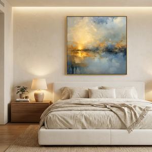 ภาพวาดทิวทัศน์นามธรรมสีน้ำเงินและสีทอง ภาพวาดสีน้ำมันวาดด้วยมือบนผ้าใบ ตกแต่งบ้านด้วยงานศิลปะขนาดใหญ่ - Product Image 4