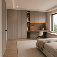 Armoires de bureau avec rangements à cadre taupe, bureau couleur noyer et étagères lumineuses