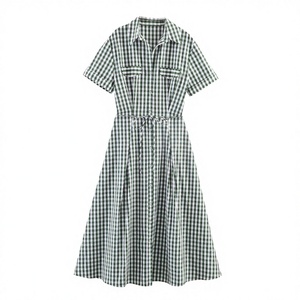 TAOP&ZA 2026 Spring Casual Elegant Fashion New <b>Button</b>-Closed Lace-Up Natural Waist Midi Plaid Short-Sleeve Shirt Dress 2507041 - Product Image 2