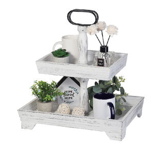 Plateau de service en bois rustique blanc à 2 niveaux avec poignée en métal, fait à la main, écologique, peint, décoratif, cadeau de mariage pour la cuisine - Product Image 1
