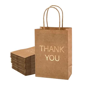 छोटे व्यवसाय के लिए 100% पुनर्चक्रण योग्य सेल्फ स्टैंडिंग स्टिफनर हैंडल भूरा कस्टम क्राफ्ट पेपर थोक धन्यवाद बैग