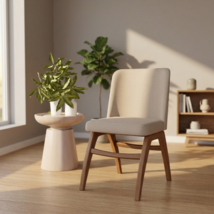 Silla de Salón Moderna de Mediados de Siglo con Tapicería Beige, Patas de Madera y Respaldo Sólido - Product Image 3