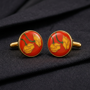 Boutons de manchette en laiton émaillé faits à la main, design tulipe jaune, base rouge, finition dorée, marque Mayrabygungun, cadeau pour homme, anniversaire de mariage - Product Image 5