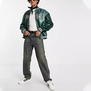 Giubbotto da Bomber in pelle artificiale <span class=keywords><strong>oversize</strong></span> con Design personalizzato YUCHEN giacche da Baseball Colorblock in <span class=keywords><strong>ecopelle</strong></span> verde scuro - Product Image 4