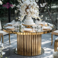Table de banquet ronde moderne en acier inoxydable pour hôtel, mariage, avec plateau en verre miroir pour événements en plein air