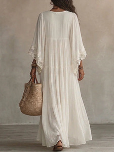 Robe longue élégante Joydressing blanche à col en V profond, avec dentelle et manches cloche, style bohème fluide pour la plage – Vente en gros, fournisseur personnalisé - Product Image 3