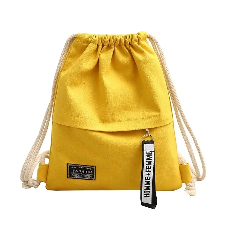 Custom fashionable Canvas drawstring backpack with zipper pocket outside