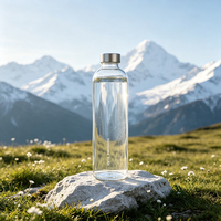 Bouteille d'eau en verre de 750 ml avec couvercle en acier inoxydable, anti-fuite, bouteille de voyage transparente à large ouverture, bouteille de sport