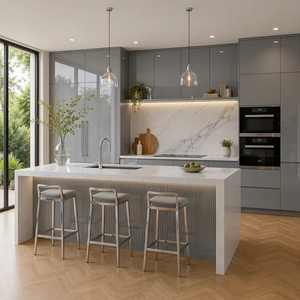 Mobili da Cucina Grigi Laccati Lucidi Personalizzati, Set Moderno di Cucina Modulare con Isola, Lussuosi Gabinetes De Cocina - Product Image 1