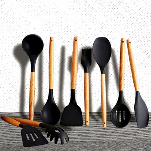 <b>Silicone</b> Kitchenware Set Wooden Handle 12-Piece Includes Storage Bucket High-Temperature Resistant Dishwasher Oven Safe - Product Image 1