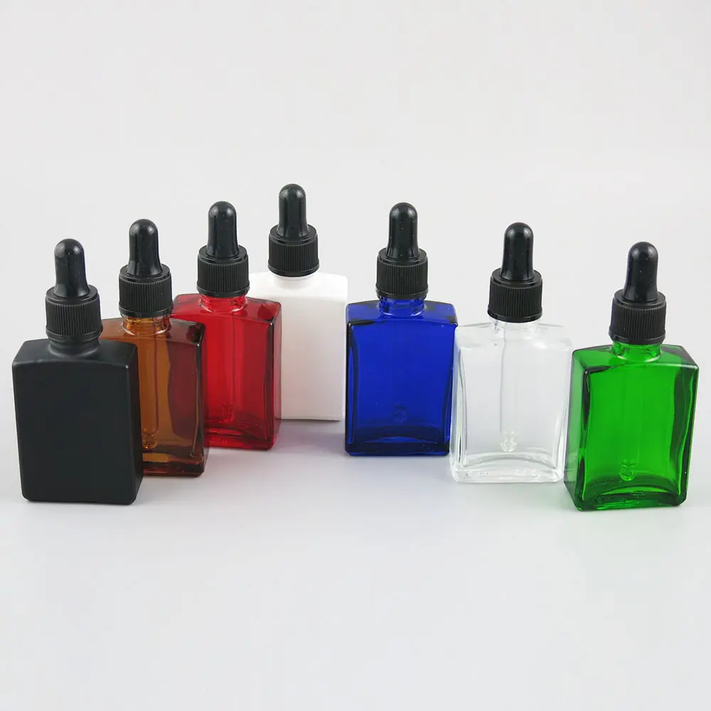 Refillable blue green clear amber red black white square glass bottle 30ml dropper pipette essential oil liquid container