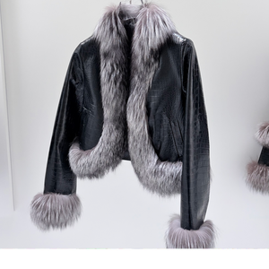 New Season Cropped Black Leather <strong>Jacket</strong> Notched Lapel <strong>Fur</strong> Sleeves Women's <strong>Jackets</strong> for Modern Women - Product Image 4