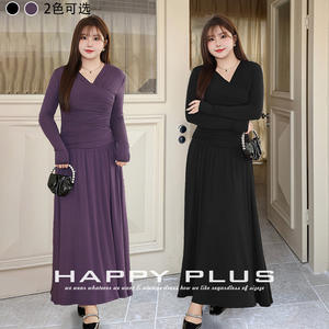 Robe longue plissée à col en V pour femme grande taille Happy Pl, couleur unie violet persan, taille <span class=keywords><strong>empire</strong></span>, N9065, automne-hiver - Product Image 5