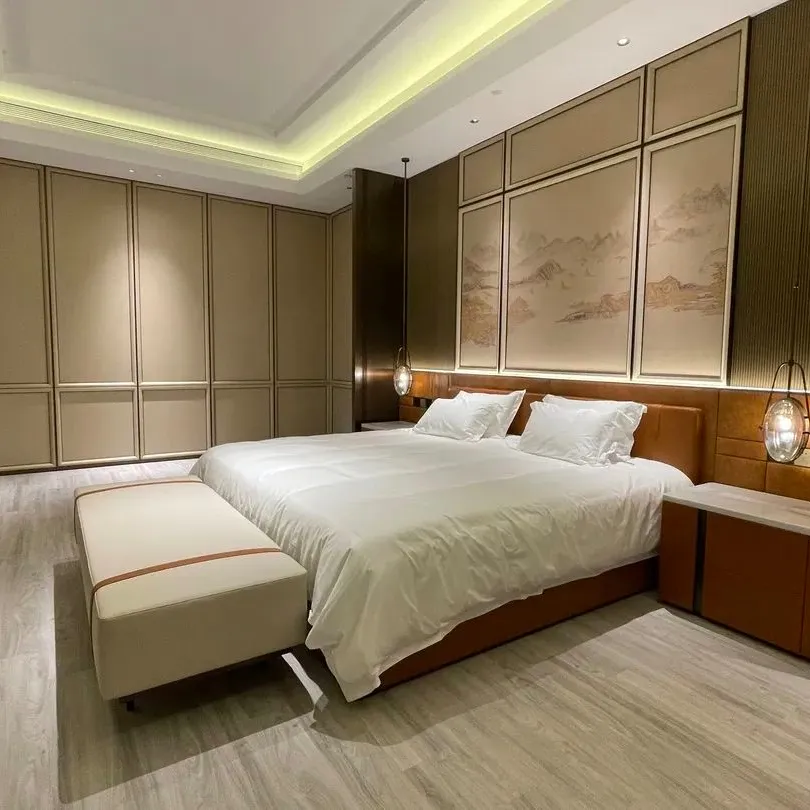 Recentemente, mobiliário do quarto design dos eua famoso cinco estrelas hotel pintura amarrada material mdf conjunto de quarto moderno