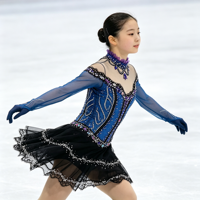 Robe de patinage artistique bleu-noir à manches longues en maille avec strass, jupe à volants en dentelle pour enfants et adultes, pour compétition et performance