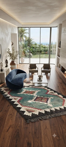 Tapis artisanal en laine et jute turquoise, motif tribal géométrique, pour salon, chambre, style bohème, ferme, rustique, décoration de sol. - Product Image 3