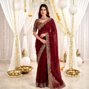 Sari en soie bordeaux AARA Fashion avec broderie dorée, protection solaire, pour mariage, tenue traditionnelle indienne, longueur ras du sol pour femme - Product Image 1
