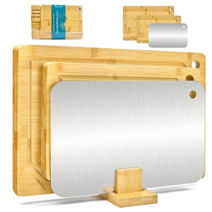 Ensemble de planches à découper en bambou Four Directions, 3 pièces, avec blocs de découpe double face en acier inoxydable pour la cuisine - Product Image 1