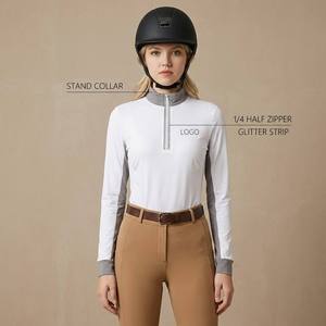 Camisa ecuestre de manga larga para mujer con cuello alto, cremallera 1/4, bloques de color y tira brillante, top para montar a caballo, personalizable - Product Image 1