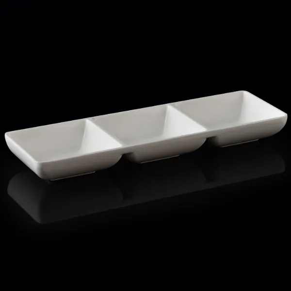 HCMA wholesale BPA free unbreakable plastic white rectangle 3 compartment plate 100% melamine sushi soy sauce dish