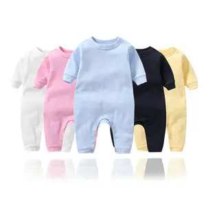 Custom Printing Logo Spring Autumn Solid Color Shoulder Button Long Sleeve Onesie For Baby Girls Boys Jumpsuit