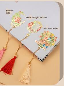 Marque-page en métal créatif, série mini-fleurs, en laiton avec pompon, motif chinois classique, en stock, cadeaux exquis et abordables - Product Image 6