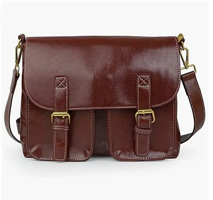 Women's PU Leather Briefcase Vintage 1 Shoulder Crossbody Bag Student Simple Fashion All-match College Style