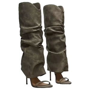 High Quality Women's Shoes Elegant Women's Pleated Upper Sandals Shoes Round Toe Stiletto Heels Over-the-Knee Boots Long <b>Booties</b> - Product Image 2