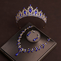 Couronne de mariée en diamant bleu, collier principal de mariage, ensemble de couronne trois pièces