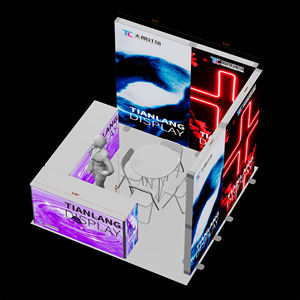 Stand d'exposition personnalisé en forme de cube avec éclairage sur quatre côtés, mur arrière entièrement illuminé avec graphique artistique en néon en forme de croix, vague violette - Product Image 2