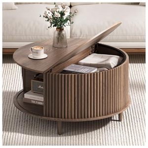 Modern Walnut <strong>Brown</strong> Round Coffee <strong>Table</strong> with Flip Top and Sliding Door Storage - Product Image 1