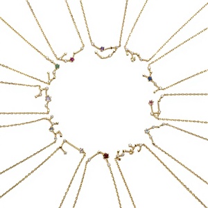 AU375 Collar con Colgante Sencillo de Alta Gama, Oro 9K Auténtico con Incrustaciones de Piedras Naturales, Doce Signos del Zodíaco, Piedra Guardiana, Cadena para Clavícula - Product Image 1