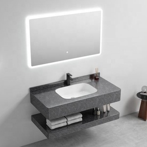 Meuble-lavabo de salle de bain moderne avec éclairage LED, lavabo intégré et étagère de rangement en pierre frittée, de haute qualité et élégant - Product Image 1
