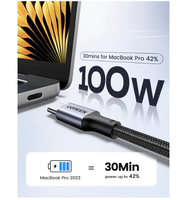 Cable USB-C a USB-C UGREEN US316 de 0.5m, 5A, 100W, Carga Rápida PD, Sincronización de Datos a 480Mbps, Trenzado de Nailon para MacBook y iPad
