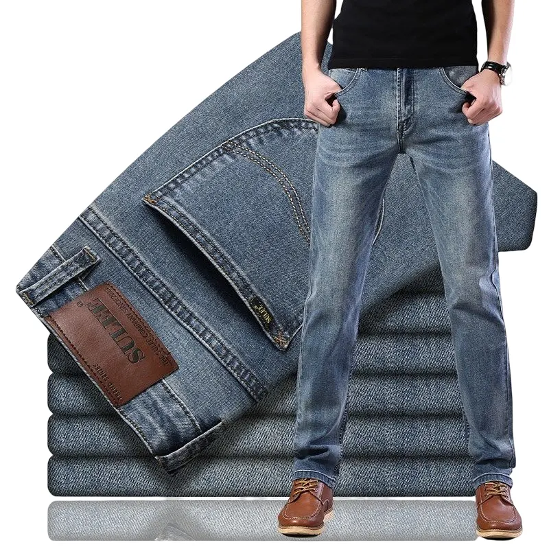 Hot Sale Jeans Young Men Cotton Elastic Straight Light Blue Regular/Slim Fit Stretched Denim Jean Pant From China
