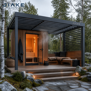 Pergola à lames orientables en aluminium avec sauna extérieur et banc en cèdre pour une <span class=keywords><strong>détente</strong></span> nordique dans un espace de jardin, spa ou terrasse - Product Image 1