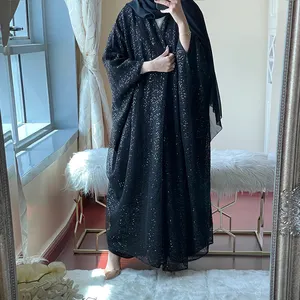 Premium schwarz glitzer offener abaya kundenspezifisch muslimische frauen gelegentlich fledermausärmel abaya mit glitzer chiffon stoff