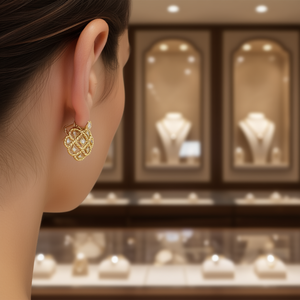 Pendientes de Oro con Diamantes, Diseño Geométrico Clásico en Oro Amarillo para Mujer, Uso Diario, Engaste de Garra, Corte Brillante Redondo - Product Image 2